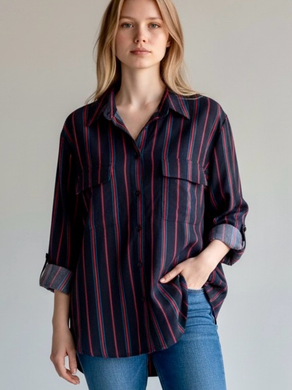 Madison Navy Button-Down Shirt with Red Stripes